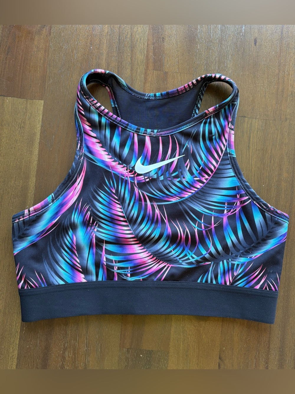 Nike Black Racerback Sports Bra with Pink & Blue Tropical Leaf Print | Small